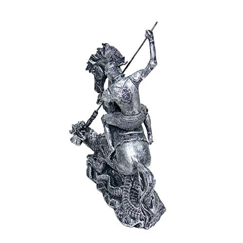 Estátua São Jorge com Cavalo e Dragão Ogum Decorativo cor prata.