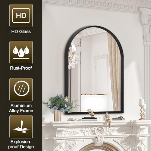 Image of Arched Wall Mirror, 26 inchx18 inch Black Arch Mirror, Metal Frame Black Bathroom Mirror, Arched Vanity Mirror for Living Room Bedroom Mantel Entryway