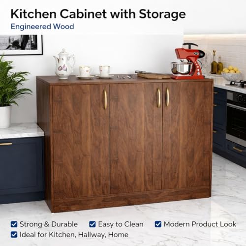 Image of Spyder Craft Modern Engineered Wood Sideboard & Crockery Cabinet - 3-Door Storage Organizer with Gold-Finish Handles and Geometric Pattern for Living Room, Kitchen, and Office (Columbian Walnut)