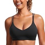 CRZ YOGA Butterluxe V Neck Strappy Sports Bras for Women - Thin Spaghetti Strap Padded Wireless Yoga Crop Top Black Medium