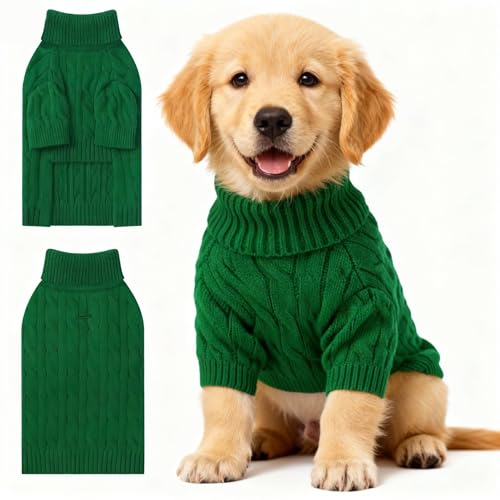 Image of Small Dog Thermal Pullover Sweater, Classic Turtleneck Cable Knitwear Dog Clothes for Cold Weather Warm Pet Clothes for Chihuahua, Bulldog, Dachshund, Pug Green XX-Large