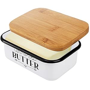Yesland Butter Dish With Wooden Lid - Unbreakable Enamel Container - Large Vintage Farmhouse Style Keeper for 2 East or 1 West Coast Sticks (White and Brown) Yesland Butter Dish With Wooden Lid Unbreakable Enamel Container Large Vintage Farmhouse Style Keeper for 2 East or 1 West Coast Sticks White and Brown