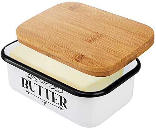 Yesland-Butter-Dish-With-Wooden-Lid-Unbreakable-Enamel-Container-Large-Vintage-Farmhouse-Style-Keeper-for-2-East-or-1-West-Coast-Sticks-White-and-Brown Yesland Butter Dish With Wooden Lid Unbreakable Enamel Container Large Vintage Farmhouse Style Keeper for 2 East or 1 West Coast Sticks White and Brown