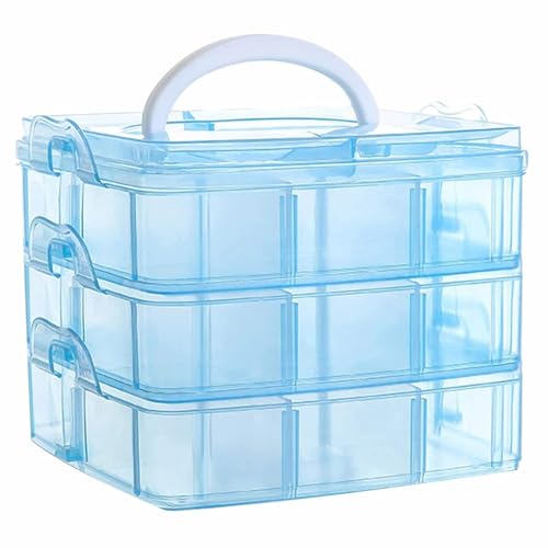 Image of UCRAVO Blue Plastic Storage Box 3-Tier 18 Grid Stackable Storage Containers with lids Adjustable Compartments for Craft Organizers Storage for Jewelry, beads,beauty,makeup & sewing supplies