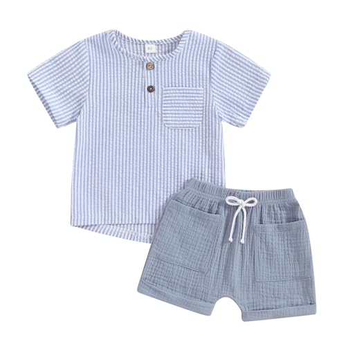 Image of fhutpw Baby Boy Summer Outfits Henley Shirt Soft Pocket Short Sleeve Tops & Shorts Sets Infant 3 6 12 18 Months 2T Clothes