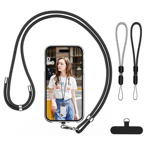 Image of takyu Cell Phone Lanyard, Crossbody Phone Lanyard Adjustable Neck Strap and 2 Pack Phone Wrist Strap with Phone Tether Patches for Most Smartphones-2Black+Grey