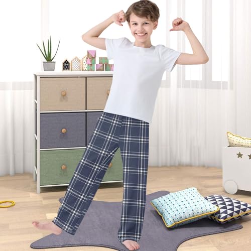 Boy's Pants Classic Blue White Plaid Jogger Pants Elastic Waist Long Bottoms Trousers with Pockets 6-14 Years4