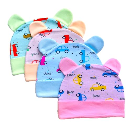 Wavva® 100% Cotton New Born Baby Cap with Ears (Unique Design) for 0-6 Months | Cotton Baby Cap for Baby boy|Girls| Unisex Durable Gift Set. (Multi-Color)