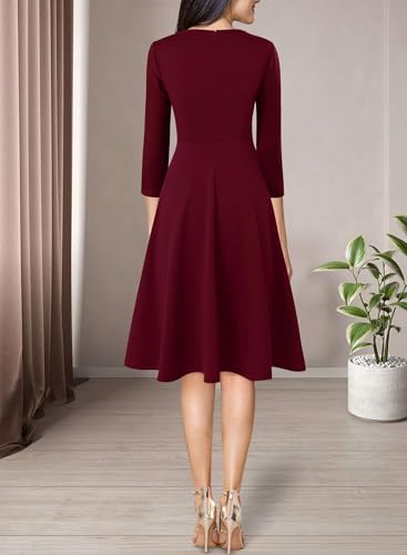 Image of VFSHOW Womens Work Business Front Zipper A-Line Dresses 3 /4 Sleeve Office Church Fit and Flare Skater Swing Knee Length Dress