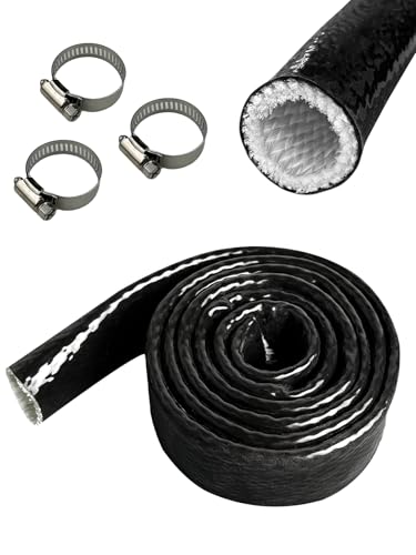YAMAKATO 1/2 ID Heat Shielded Fire Thermo Armor Fire Sleeve Silicone Coated Fiberglass Heat Protection w/ 3 Clamps for Automotive Hose Lines & Electrical Wiring (Black 5FT