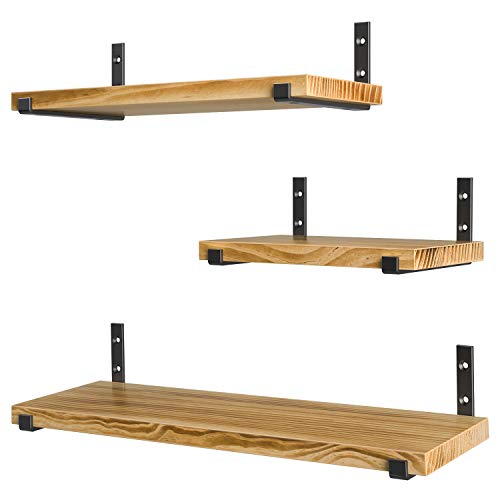 HOSOM Wall Mounted Floating Shelves , Rustic Wood Storage Shelves for Living Room, Bedroom and Kitchen, Set of 3