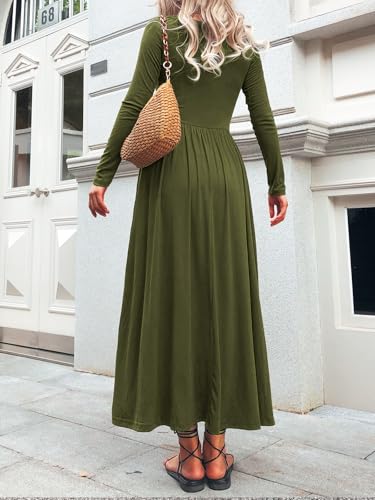 Image of Mieazom Long Sleeves Maxi Dress for Women A Line 2025 V Neck Casual Button Boho Tshirt Long Dress with Pockets Army Green M