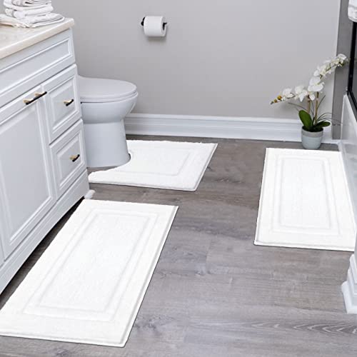 SHACOS White Bathroom Rugs Sets 3 Piece with U Shaped Toilet Rug Soft Plush Non Slip Washable Bath Mat Absorbent Bath Rugs for Bathroom Floor Carpet 16x24+20x32+20x24