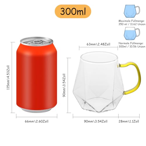 ANZHAN Kaffeegläser 300ml 2er Set aus Borosilikatglas-Hitzebeständig mit Henkel Diamant-Design, ideal für Latte Macchiato, Espresso… – Ansicht 6