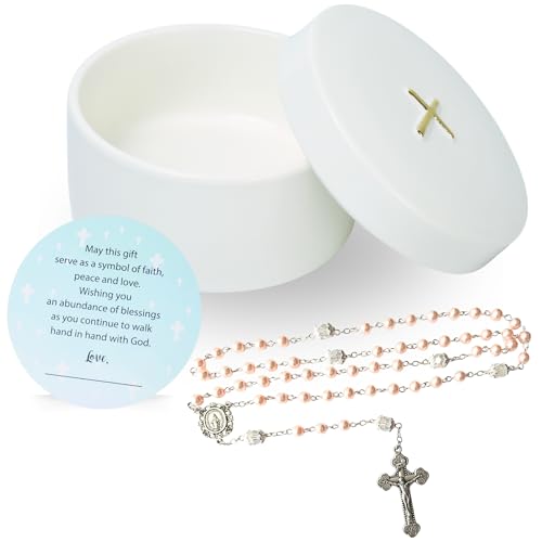 Image of Sweet Treasures Gift – Baptism Gifts for Girls, First Rosary with Ceramic Keepsake Box and Card, Catholic Communion Gift, Christening and Baby Shower Rosary Beads, Pink