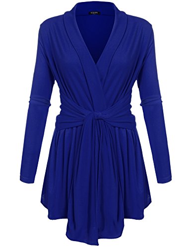 ACEVOG Women's Drape Cardigan Loose Casual Long Sleeved Open Front Cardigans Basic Irregular Hem Solid Dusters Lightweight Sweater with Tie Blue