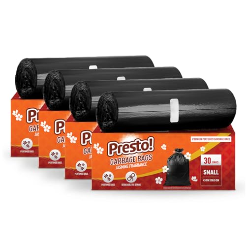 Image of Amazon Brand - Presto! Premium Perfume Garbage Bags on Roll with Tie String | Small | 17x20 Inch | 120 Count | 30 X 4 Packs | Black