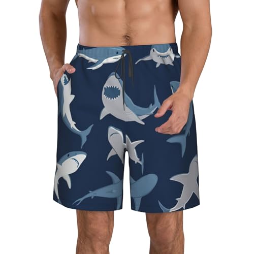 Blue Cartoon Shark Print Men's Swim Trunks | Quick Dry Drawstring Beach Shorts