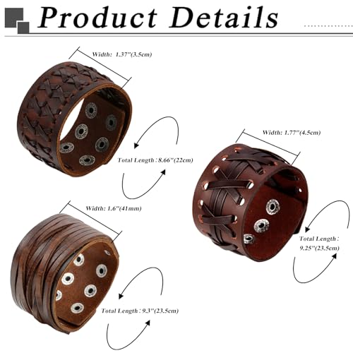 OIDEA Assorted 3pcs Mens Punk Multistrand Leather Braided Bangle Cuff Bracelet for Biker Dad Father Size Adjustable3