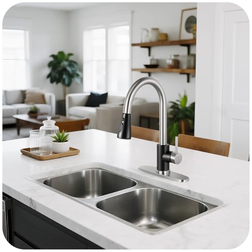 Image of Kitchen Faucet with Pull Down Sprayer - Black & Nickel Single Handle Kitchen Faucets, High Arc Stainless Steel Pull Out Kitchen Sink Faucet with Deck for RV Laundry Farmhouse Bar