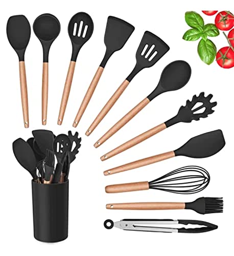 Image of Silicone Kitchen Spatula and Utensils Spoon Set Cooking + Baking Set- 12 Pcs Non-Stick with Wooden Handle-BPA Free, Heat Resistant Item, Flexible Non Toxic Silicon Cookware Tools