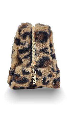 Juicy Couture Brown Makeup Bag Cosmetics Organizer Travel Essentials Zip Top Wedge Leopard Print Faux Fur Rhinestone4