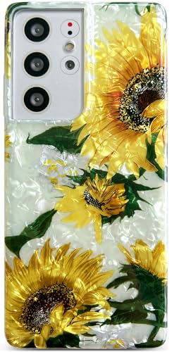 Qokey Compatible for Galaxy S21 Ultra Case Yellow Clear Sunflower, 6.8 Inch