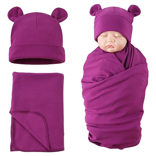 Image of PESAAT Cotton Baby Swaddle Hat Set Newborn Infant Hats Receiving Blankets for Baby Boys Girls