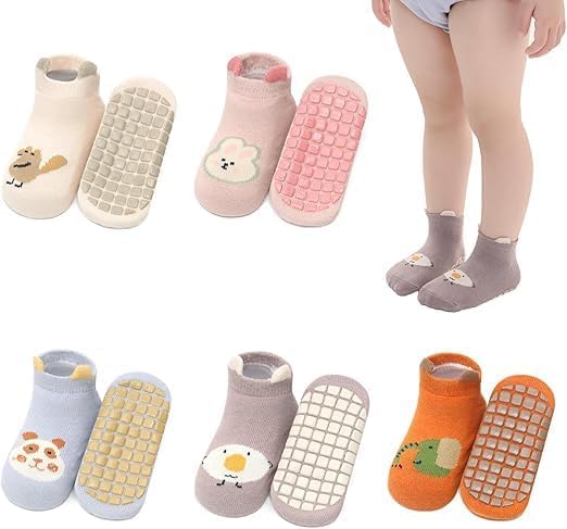 ZINLEY Baby Anti-Slip Cartoon Socks for Boys & Girls | Soft Cotton Non-Skid Socks with Grips for Infants & Toddlers | Breathable, Stretchable, Cute Animal Printed Baby Footwear (Animal Socks)