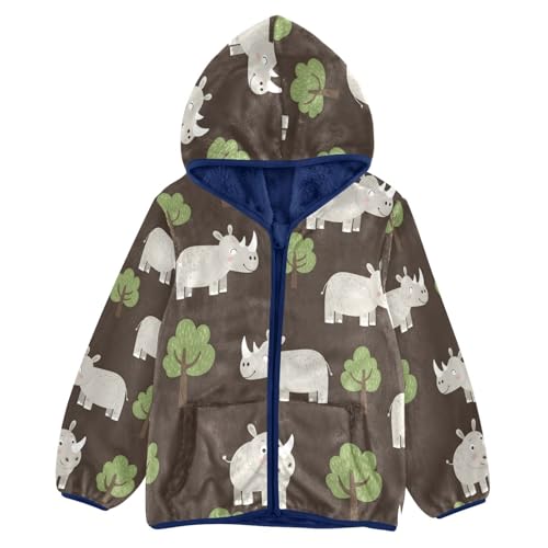Cute Rhinos Green Trees Toddler Fleece Jacket Girl Boys Hooded Fleece Jacket Coat Warm Outwear Zip-up 3-10T