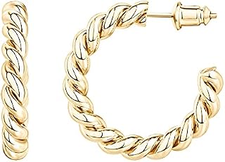 PAVOI 14K Gold Plated 925 Sterling Silver Twisted Rope Round Hoop Earrings in Rose Gold, White Gold and Yellow Gold
