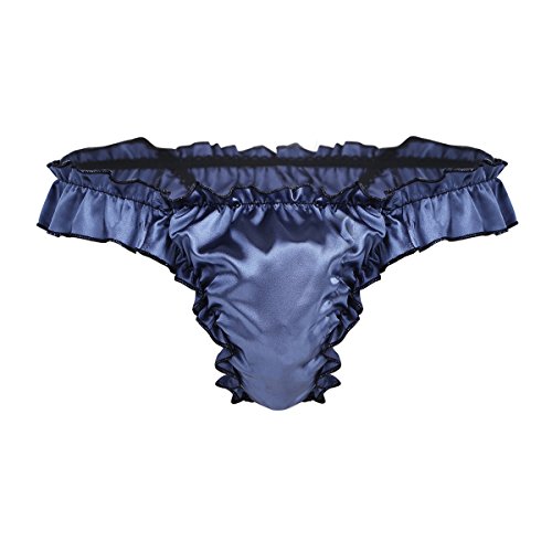 Freebily sous-vêtement Homme Erotique String Thong Poche Plissé Dentelle Satin Slip Lingerie Bikini T-Back Triangle Lace Culotte Taille Basse M L XL 2XL Bleu Marine M