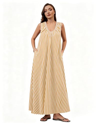 Image of Livtany Women's Scoop Neck Ruched Maxi Dress Flowy Swing Wide Straps Long Dress Casual Sleeveless Sundress with Side Pockets
