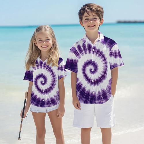 Image of Kids Tie-dye Hawaiian Shirt 80s Button Down Retro Short Sleeve Casual Beach Tropical Funny Party Outfits for Boys