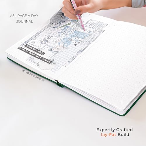 Image of NEORAH -A5 DOTTED | 368 Pages - 110 Gsm | PAGE A DAY JOURNAL (21x14.8 cm)-Hardcover Dot Grid Notebook |Back Pocket |3 Silk Book Mark - Completely HANDMADE for Journaling,writing - DARK GREEN