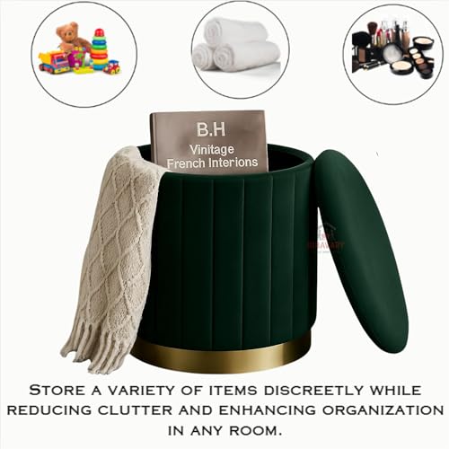 Image of Round Velvet Luxurious Storage Ottoman, Pouf with Storage Vanity Stool Chair,Upholstered Foot Rest Stool with Gold Strip Base for Living Room or Bedroom (Green, Medium- 36Dx36Wx40H)
