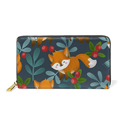 Preisvergleich Produktbild GIGIJY Geldbörse mit süßem Winterwald und Fuchs, mehrere Kreditkartenfächer, Tasche für Frauen, echtes Leder, mit Reißverschluss