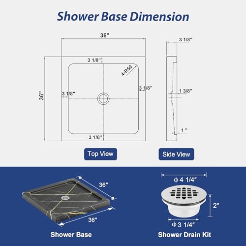 Image of KPUY 36'' L X 36'' W Shower Base Pan with Center Drain, Blackish-gray