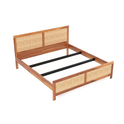 Image of Sheesham Wood Cane Bed Without Storage for Bedroom | Queen Size Wooden Double Bed Palang with Rattan Headboard & Footboard (Honey Finish)