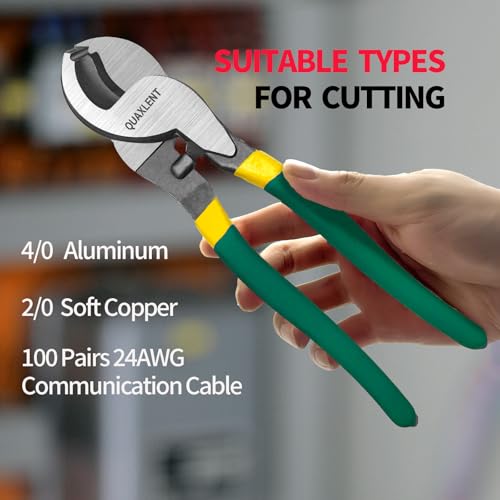 Image of 10 Inch Large Cable Cutter Heavy Duty High Leverage Big Wire Cutting Plier Tool for 4 /0 Aluminum 2 /0 Soft Copper and 100PR 24AWG Comm Cable, Green