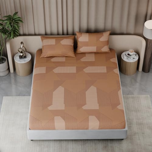 Image of BLISSHOME Everlast 150TC King Size Fitted Bedsheet with 2 Pillow Covers, Aesthetic Bedding, Wrinkle Resistant, 100+ Wash Durable, Quick Dry, Geometric Pattern - Gold (183cm x 198cm + 25cm Drop)
