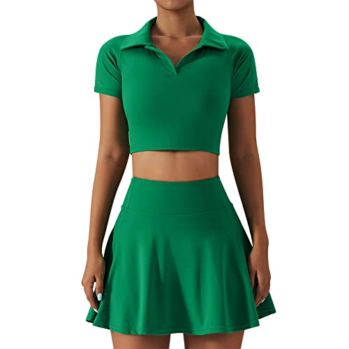 2 Piece Tennis Dress for Women High Waist Pleated Tennis Skirt with Shorts Short Sleeve Crop Golf Workout Skirts Sets