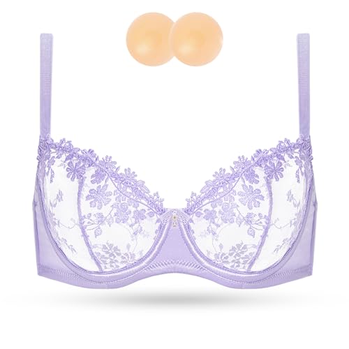 Image of Wingslove Women's Sexy Lace Bra Demi Sheer Mesh Balconette See Through Bralette Unlined Underwire Embroidered