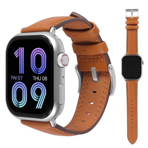 Image of Soft Genuine Leather Band for Apple Watch 49mm 46mm 45mm 44mm 42mm 38mm- Women /Men Vintage Retro Replacement Wristband Strap with Metal Buckle for iWatch Ultra 3 /2 /SE /Series 11 /10 /9 /8 /7 /6 /5 /4 /3 /2 /1