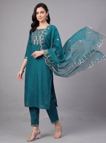 Image of INDO ERA Women's Silk Embroidered Straight Kurta With Pant & Dupatta Set