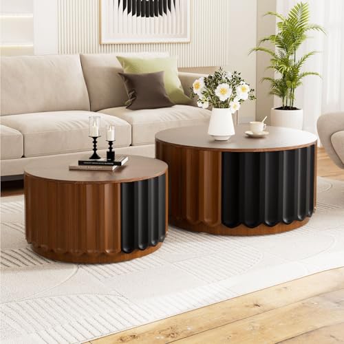 Table basse gigogne ronde en bois cannelé au style Mid-Century - 2
