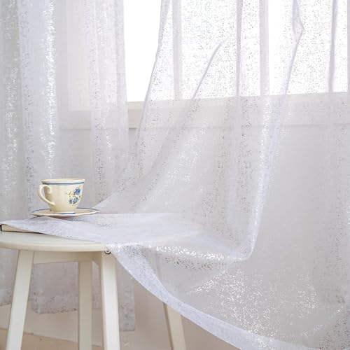 Aesphrates White Sheer Curtains 84 Inches Long Silver Mist Sparkle Metallic Window Curtain Panels Light Filtering Voile Curtains for Bedroom Living Room 42 x 84 Inch Pack of 2