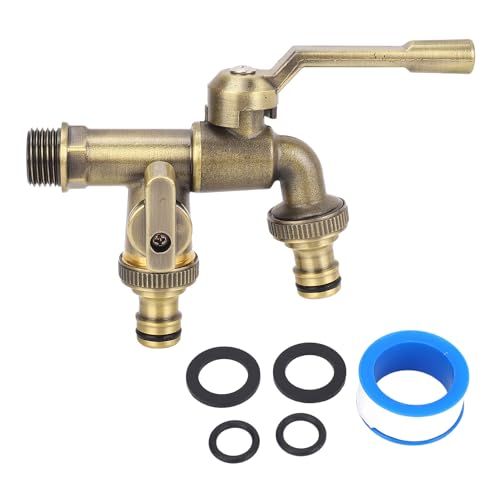 Kit Rubinetto Doppio per Esterni, Ingresso de 3/4 di Pollice, Montaggio a Parete, in Ottone, Antigelo, Divisore per Rubinetto in Ottone Anticato Esterno con 2 Uscite de 25 Mm