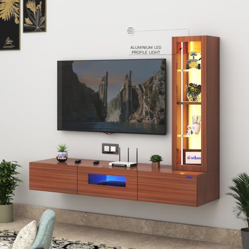 Image of Anikaa Lucen Ultra Modern Wall-Mounted TV Unit with Storage Cabinet and Light | 3 Flip-Down Storage Doors, Acrylic Shelves & Engineered Wood Construction | Fits Up to 43 Inch TV | Walnut Finish | DIY