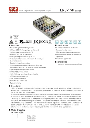 LRS-150-15 bloc alimentation à découpage 15V 10A 150W single output